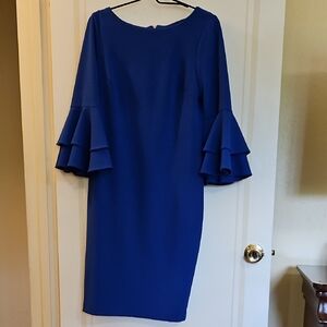 Calvin Klein Blue Sheath Dress with Bateau Neckline and Bell Sleeves